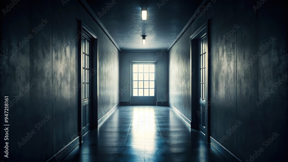 Dark corridor with a window , creepy, eerie, mysterious, spooky, dim, shadows, empty, hallway, gloomy, chilling, aged Dark corridor with a window , creepy, eerie, mysterious, spooky, dim, shadows, empty, hallway, gloomy, chilling, aged