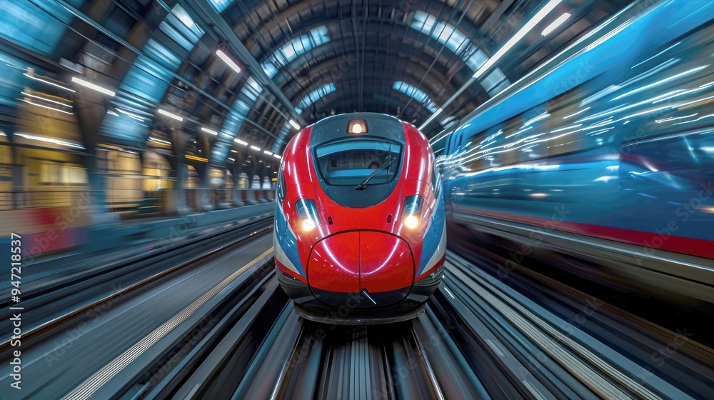 Fototapeta premium Red High-Speed Train Traveling Through a Tunnel