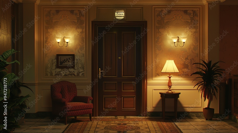 An Elegant Foyer with a Closed Wooden Door and Furnished with a Red Armchair, a Table Lamp and a Plant in a Pot An Elegant Foyer with a Closed Wooden Door and Furnished with a Red Armchair, a Table Lamp and a Plant in a Pot
