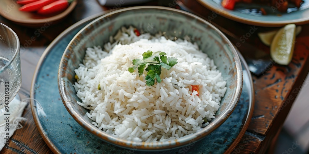 Homemade Fluffy White Long Grain Rice Presented on a Platter Homemade Fluffy White Long Grain Rice Presented on a Platter