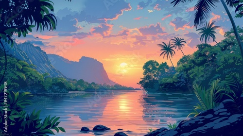Serene Sunset over a Tropical Lagoon with Lush Foliage