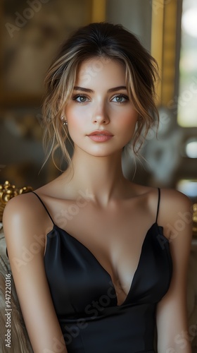 A young woman with long blonde hair wears a black satin dress with a plunging neckline, looking directly at the camera with a neutral expression.
