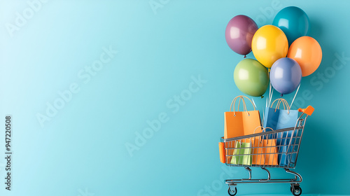 Colorful Shopping Cart Filled with Vibrant Bags and Floating Balloons Against Bright Blue Background for Marketing Projects photo