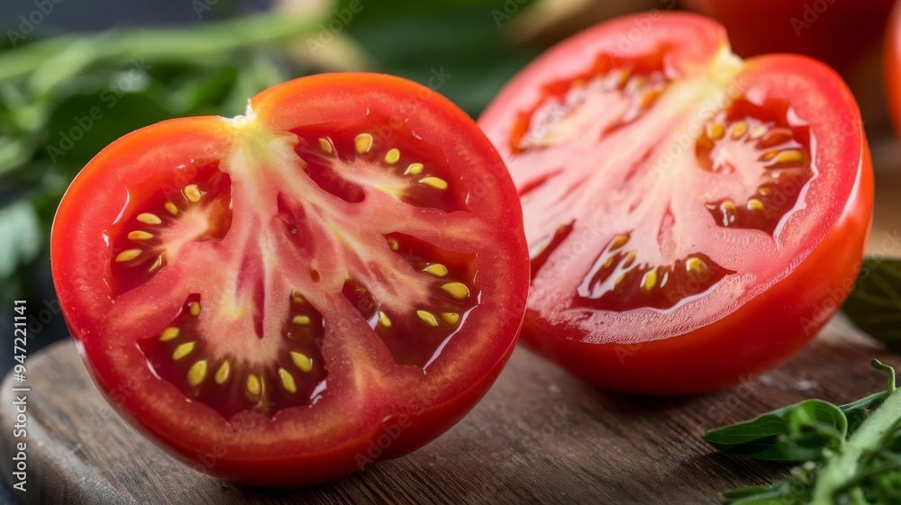 Sliced Fresh Tomato, Showing Vibrant Red Flesh in Close Up Sliced Fresh Tomato, Showing Vibrant Red Flesh in Close Up