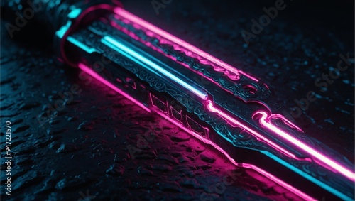 Abstract neon light Cyborg sword wallpaper, fiction art glowing space background