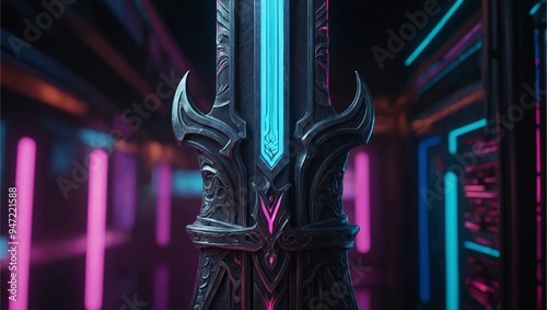 Abstract neon light Cyborg sword wallpaper, fiction art glowing space background