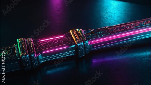 Abstract neon light Cyborg sword wallpaper, fiction art glowing space background