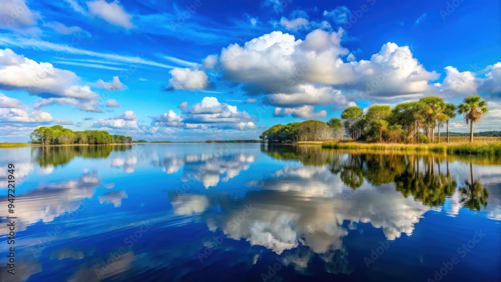 Obraz premium Brilliant blue sky and clouds reflecting on Lake Apopka at Winter Garden Florida , Lake Apopka, Winter Garden, Florida