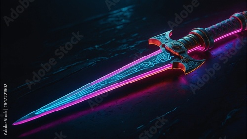 Abstract neon light Cyborg sword wallpaper, fiction art glowing space background