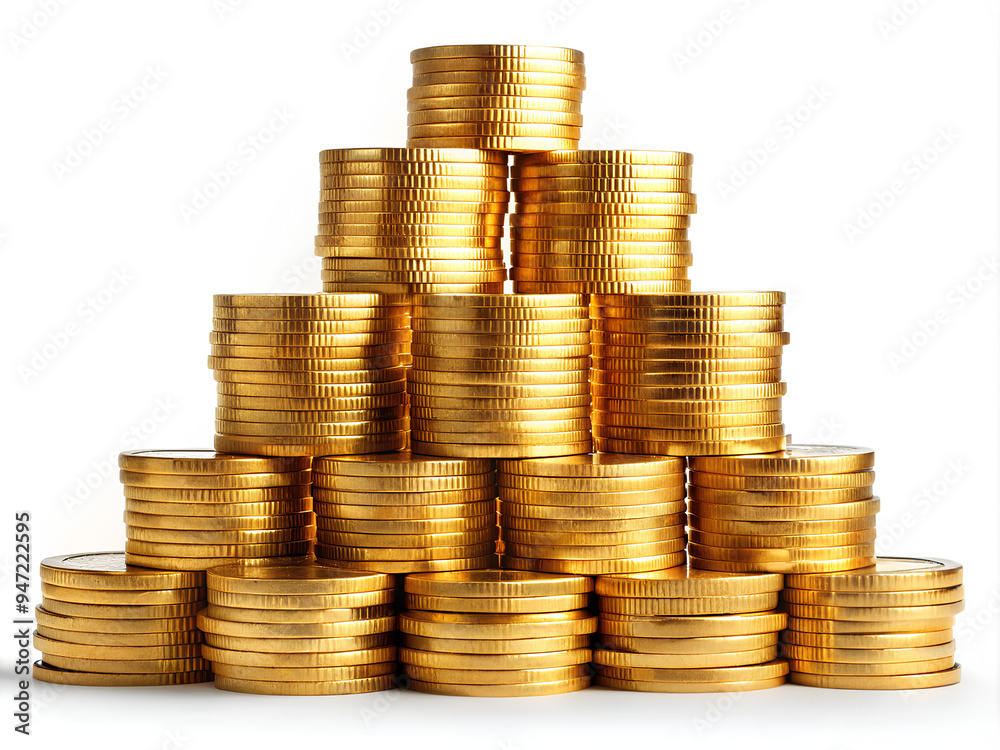 Stacks of gold coins and banknotes forming a pyramid