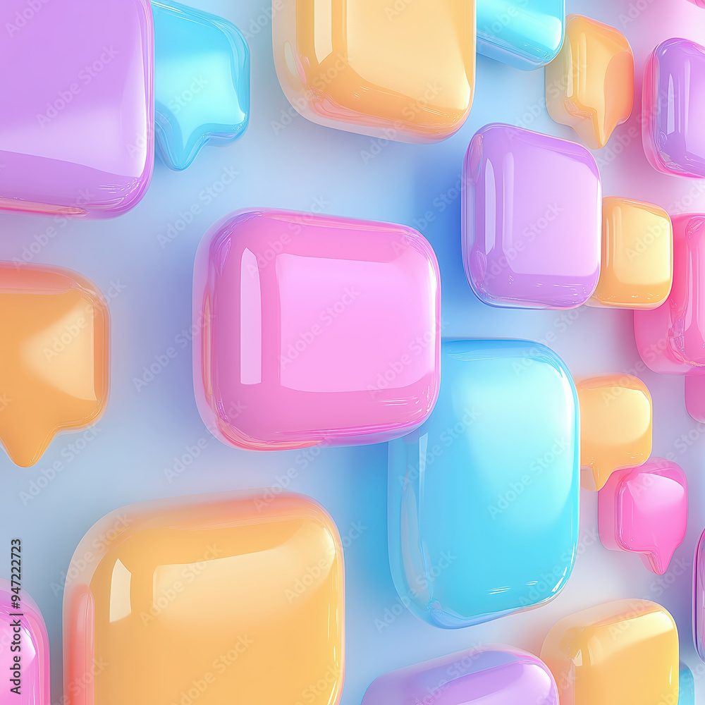 Glossy Pastel-Colored Speech Bubbles Floating on Light Background Glossy Pastel-Colored Speech Bubbles Floating on Light Background