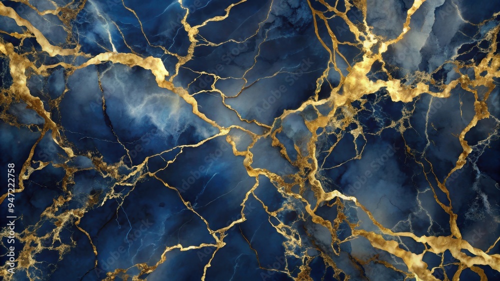Fototapeta premium Luxurious and elegant navy blue and pale gold marble pattern with golden veining resembling posh stone textures, marble