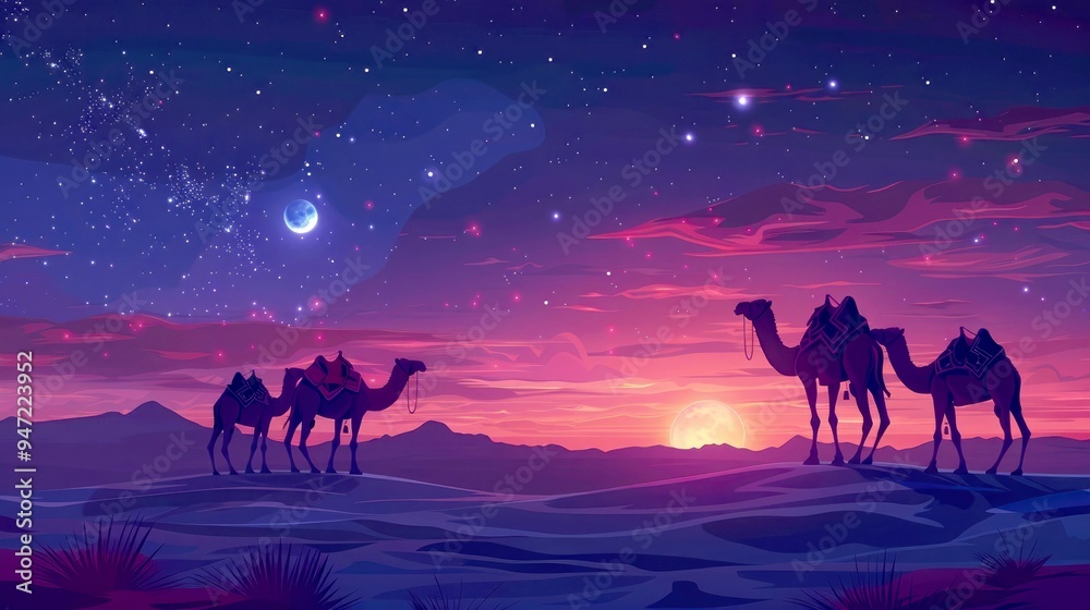 Silhouettes of Camels Against a Starry Desert Night Sky Silhouettes of Camels Against a Starry Desert Night Sky