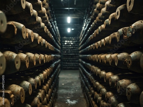 A long, narrow corridor lined with shelves holding rows of large, cylindrical objects, lit by a single overhead light at the end of the hall. The objects have a textured, earthy surface photo