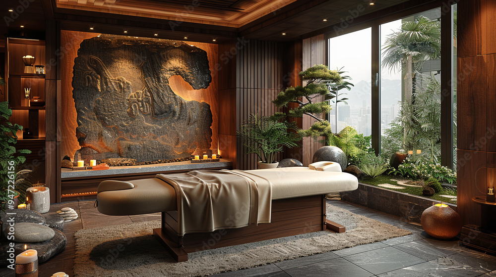 ranquil zen spa interior featuring massage table and peaceful outdoor scenery for ultimate calm. ranquil zen spa interior featuring massage table and peaceful outdoor scenery for ultimate calm.