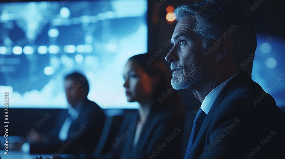 A group of business professionals in a meeting, focused on a presentation displayed on a screen A group of business professionals in a meeting, focused on a presentation displayed on a screen