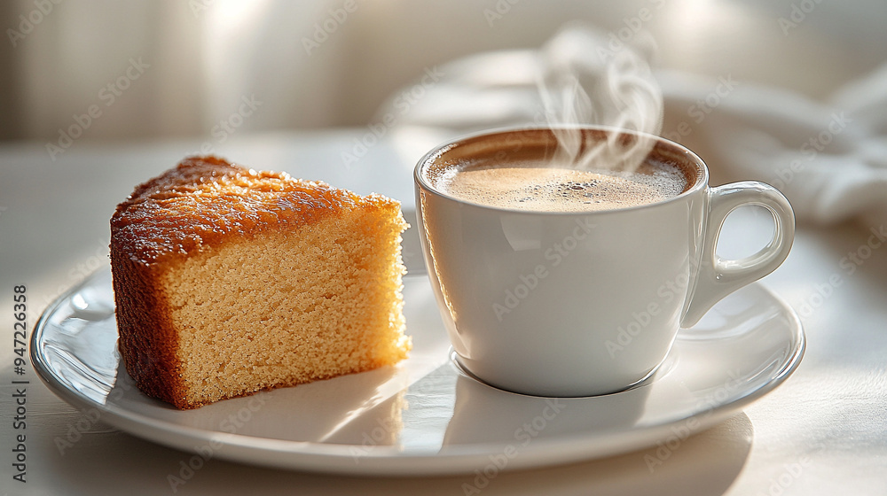 Delicious vanilla cake and freshly brewed coffee, perfect for a relaxing break Delicious vanilla cake and freshly brewed coffee, perfect for a relaxing break