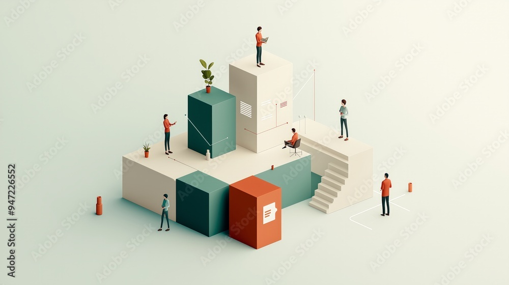 A creative illustration of modern workspace with people collaborating on different tasks, showcasing teamwork and innovation. A creative illustration of modern workspace with people collaborating on different tasks, showcasing teamwork and innovation.