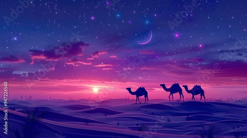 Three Camels Silhouette Against a Purple Sunset and Starry Sky Over Sand Dunes