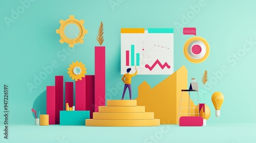 A vibrant illustration depicting a person analyzing colorful graphs and statistics in a creative workspace.