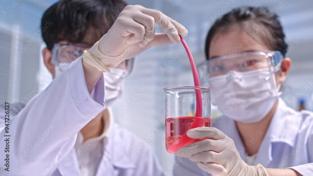 Scientist pulls pink hair out of beaker containing red solution held by another scientist to observe the experiment results. Minimalist and bright lab background. Scientist pulls pink hair out of beaker containing red solution held by another scientist to observe the experiment results. Minimalist and bright lab background.