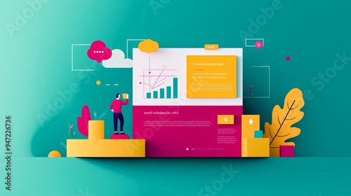 Colorful digital marketing concept depicting a person analyzing data trends on a vibrant background with graphical elements.