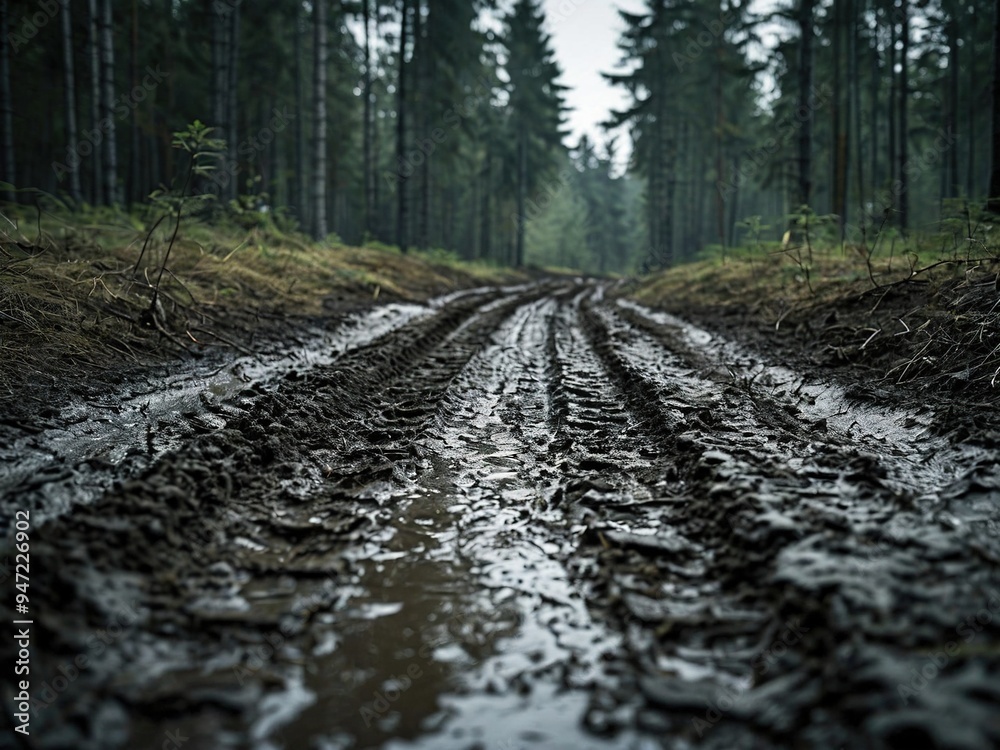 Fototapeta premium A muddy forest path with tire tracks leading into a thick forest.