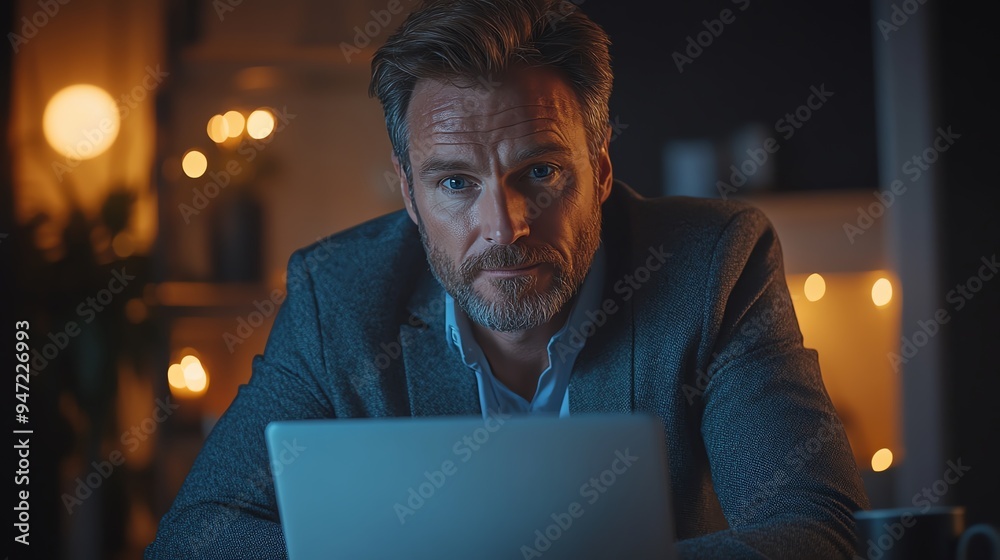 A serious businessman works late at night on his laptop, illuminated by warm candlelight. He is focused and determined, showing the dedication of a true professional. A serious businessman works late at night on his laptop, illuminated by warm candlelight. He is focused and determined, showing the dedication of a true professional.