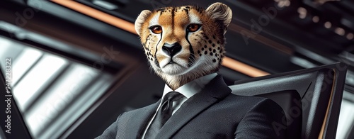 Cheetah in the Boardroom:  A powerful cheetah in a sleek suit, embodying corporate dominance and predatory instinct in a thought-provoking image of ambition.  photo