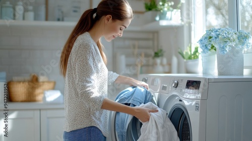 Laundry Day Bliss:  A woman smiles contentedly as she loads a white towel into her modern washing machine, a symbol of domesticity and everyday life. The bright white interior  photo