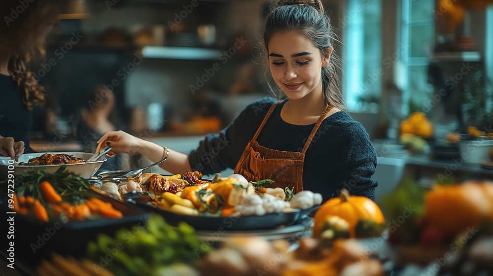 A family preparing Thanksgiving dinner together in a warm