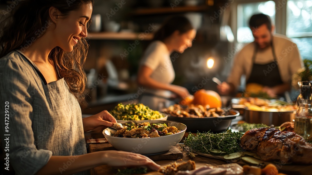 A family preparing Thanksgiving dinner together in a warm A family preparing Thanksgiving dinner together in a warm
