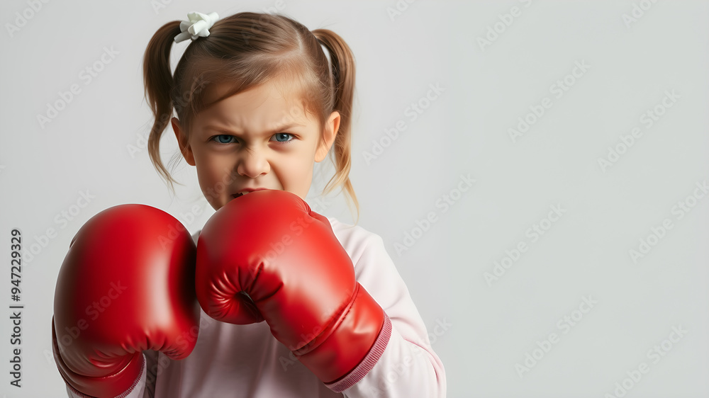 Very angry young girl child with large red boxing gloves. Generative AI Very angry young girl child with large red boxing gloves. Generative AI
