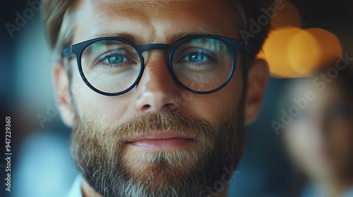 Close-up portrait of a young man with a beard and glasses, looking directly at the camera with a confident expression.
