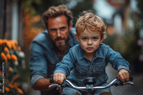 A candid shot of a father teaching his young son how to ride a bicycle on a quiet suburban street. The father is running alongside, steadying the bike while the son looks ahead with determination.