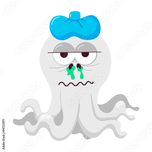 Cartoon style mascot of sick octopus with runny nose 

