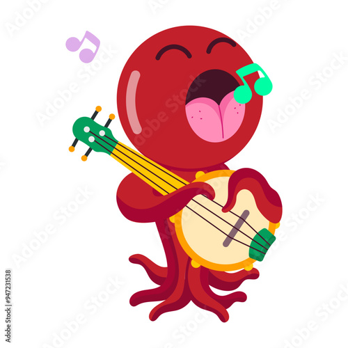 Comic style sticker of singing octopus playing instrument 


