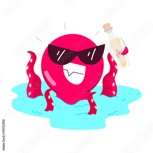 A flat sticker of octopus holding sea message bottle 