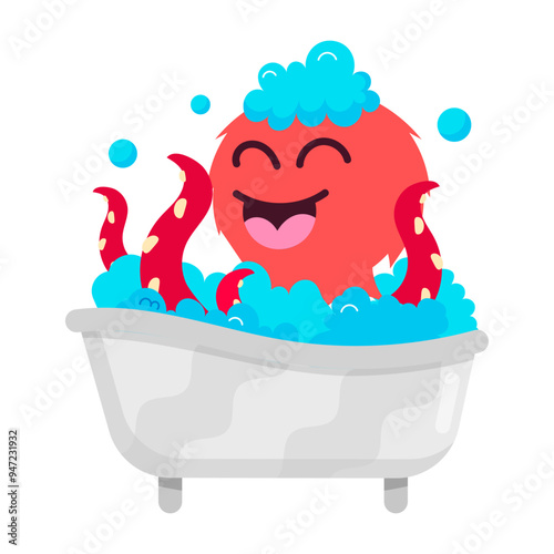 A flat style sticker of octopus bathing in tub 

