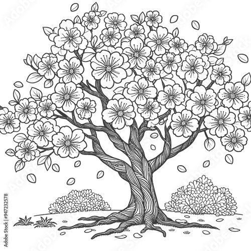 A large cherry blossom tree with big, easy-to-color flowers