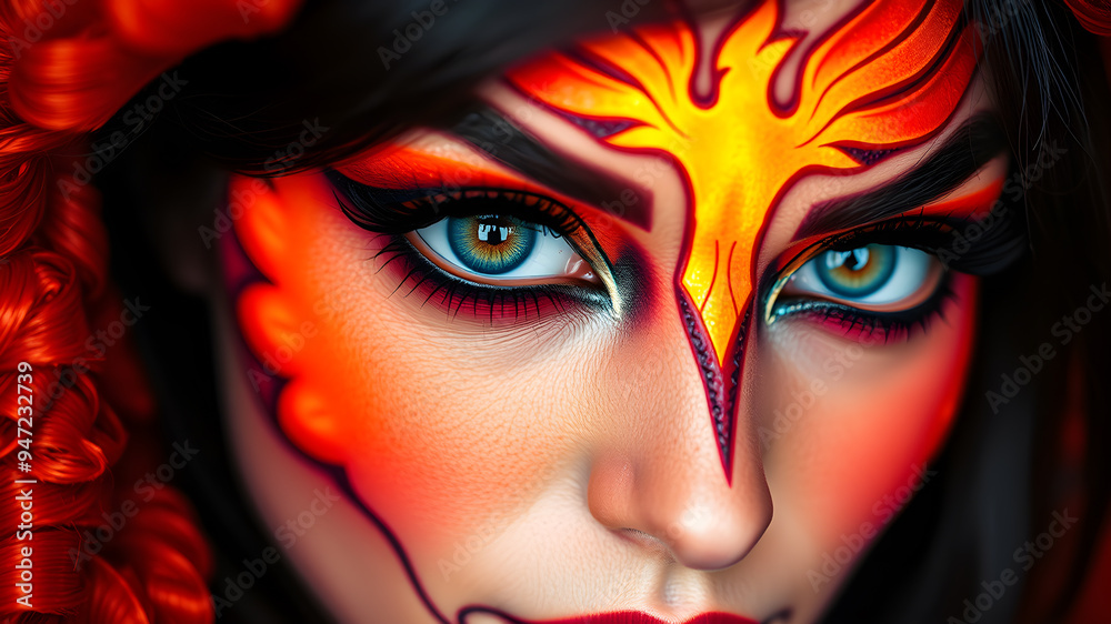 Woman's phoenix costumethemed Halloween eye makeup with contact lenses. Generative AI