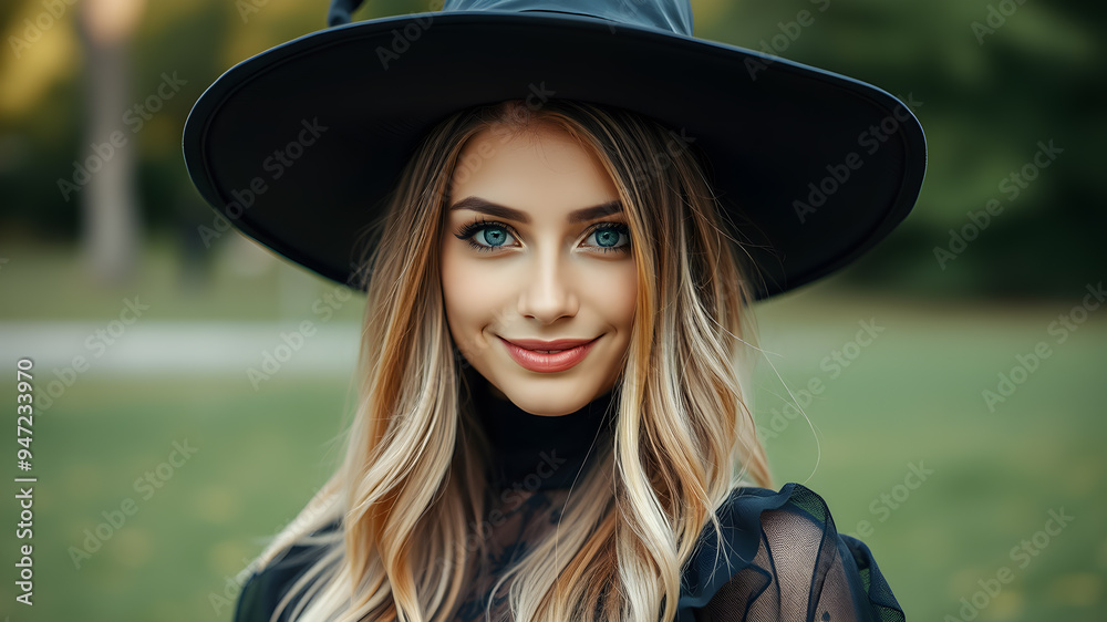 Young attractive woman with black Halloween witch costume hat. Generative AI Young attractive woman with black Halloween witch costume hat. Generative AI