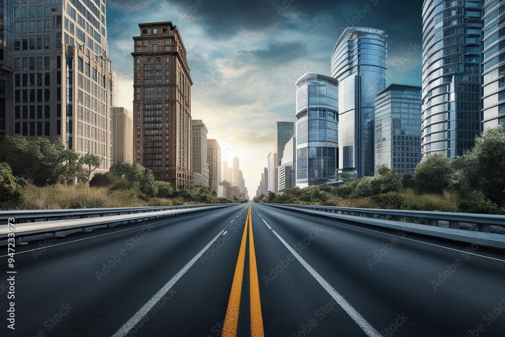 Striking Representation of an Untamed Road Near Chic City Office Towers in a Dynamic Urban Landscape Striking Representation of an Untamed Road Near Chic City Office Towers in a Dynamic Urban Landscape