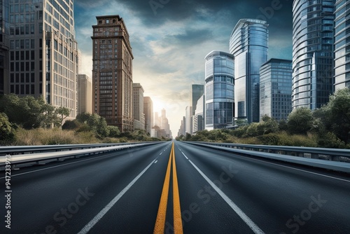 Striking Representation of an Untamed Road Near Chic City Office Towers in a Dynamic Urban Landscape