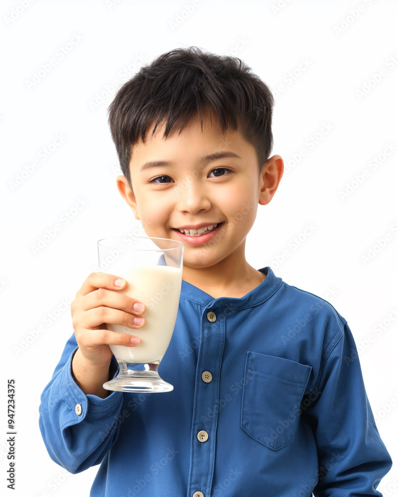 asian boy holding milk, white bg