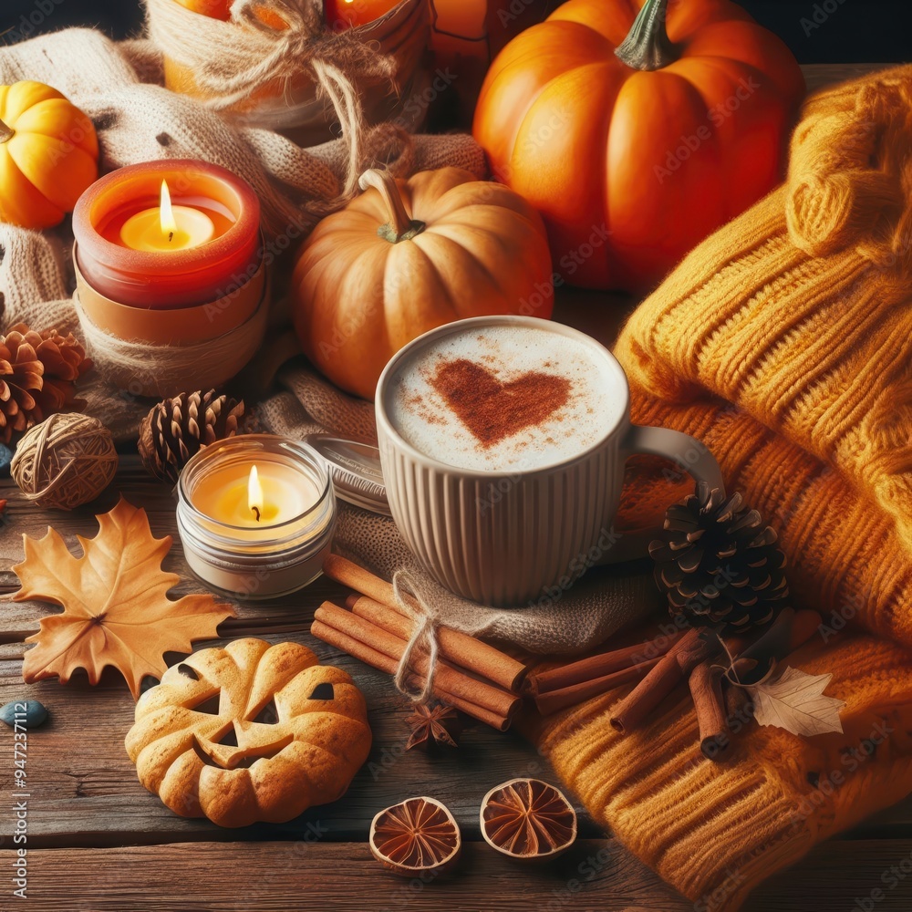 Fototapeta premium Cozy autumn still life featuring pumpkins, candles, and a warm drink. Perfect for seasonal marketing, lifestyle blogs, and home decor inspiration.