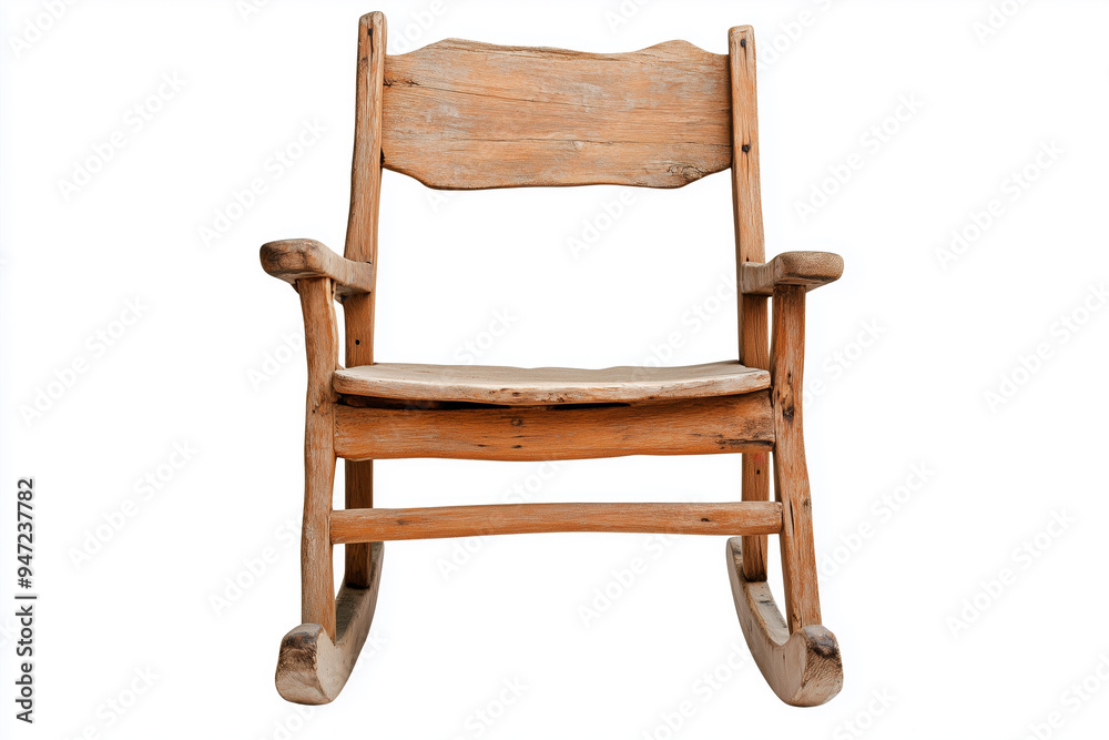Front view of an old, rustic wooden rocking chair with a distressed finish, isolated against a plain white background Front view of an old, rustic wooden rocking chair with a distressed finish, isolated against a plain white background