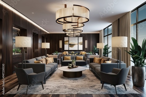 Chic Interior Mock Up of a Contemporary Lounge with Dark Wood Highlights