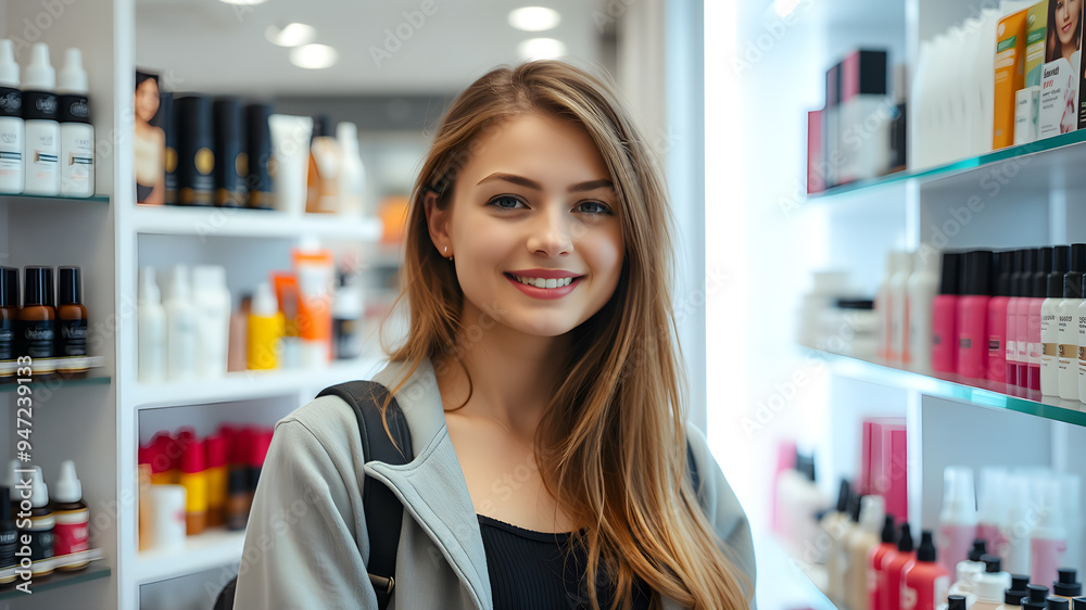 Young woman standing in front of shelves with cosmetic and makeup products in store. Generative AI Young woman standing in front of shelves with cosmetic and makeup products in store. Generative AI