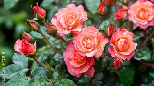 Red and pink roses with buds on a background of a green bush. Bush of red and pink roses.Roses after rain photo